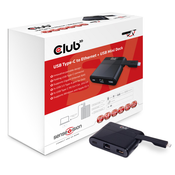 Club 3D USB Tipo-C para Ethernet y USB 3.0 + USB Type-C Charging Mini Dock