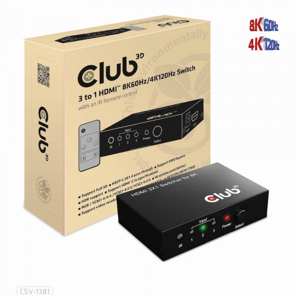 Club 3D Conmutador 3 a 1 HDMI™ 8K60Hz/4K120Hz