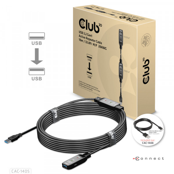 Club 3D Cable repetidor activo USB 3.2 Gen1 de 10 m M/H 28AWG