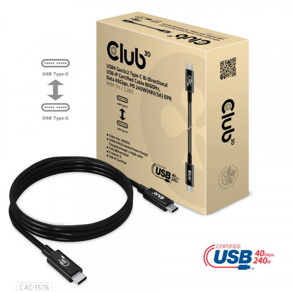 Club 3D Cable certificado USB-IF bidireccional USB4 Gen3x2 Tipo-C 8K60Hz,1m