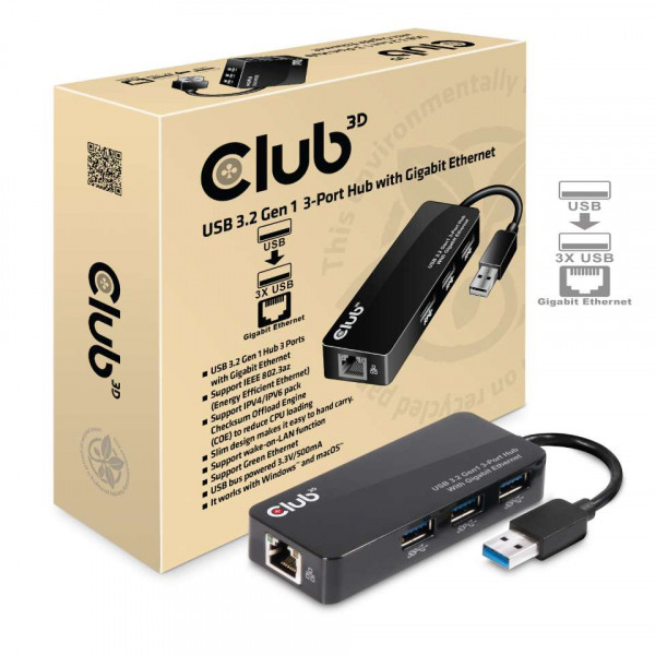 Club 3D Hub de 3 puertos USB 3.2 Gen1 Tipo A con Gigabit Ethernet