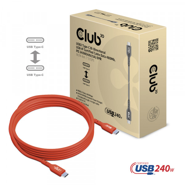 Club 3D Cable certificado USB2 tipo C bidireccional USB-IF Datos 480 Mb, PD 240 W (48 V/5 A) EPR M/M