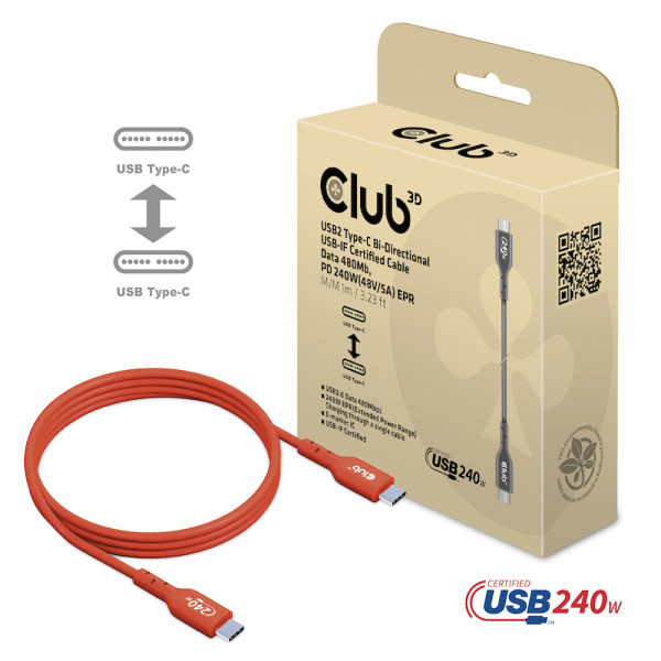 Club 3D Cable certificado USB2 tipo C bidireccional USB-IF Datos 480 Mb, M/M, 1 m