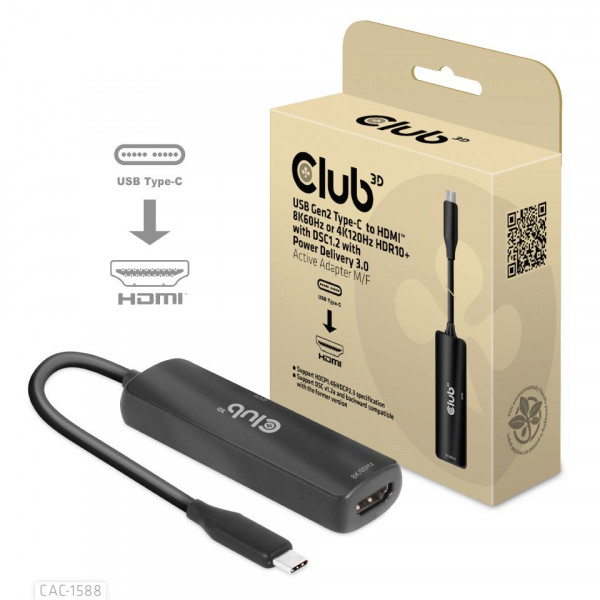 Club 3D Adaptador activo USB Gen2 tipo C a HDMI 8K60Hz o 4K120Hz HDR10+ 3.0 M/F