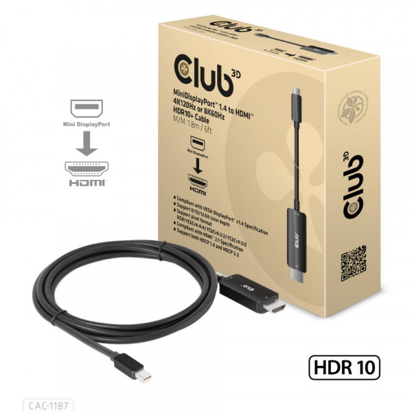 Club 3D MiniDisplayPort 1.4 a HDMI 4K120Hz o 8K60Hz HDR10+ Cable M/M 1,8 m