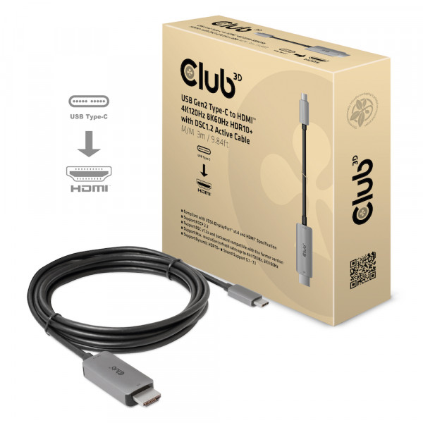 Club 3D Cable activo USB Gen2 Tipo-C a HDMI 4K120Hz 8K60Hz HDR10 con DSC1.2 M/M 3m