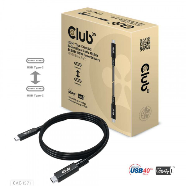 Club 3D Cable certificado USB-IF bidireccional USB4 Tipo-C Gen3x2 40Gbps 8K60Hz 100W PowerDelivery M