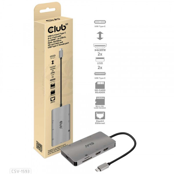 Club 3D USB3.2 Gen1 Tipo-C hub 8-en-1 con 2x HDMI, 2x USB-A, RJ45, ranuras de expansión SD/MicroSD y