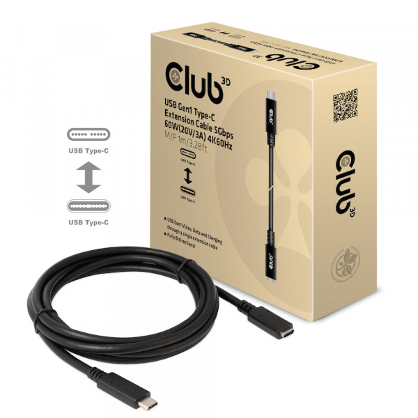 Club 3D Cable de extensión USB Gen1 tipo-C 5Gbps 60W(20V/3A) 4K60Hz M/H 1m