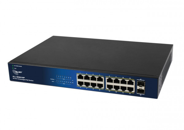 ALLNET Switch unmanaged Layer2 18 Port  PoE Budget 240W  16x PoE at  2x SFP  19"  Fanless  AL