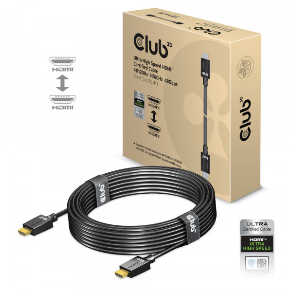 Club 3D Cable certificado HDMI™ 4K120Hz, 8K60Hz de ultra alta velocidad 48Gbps M/M 5m