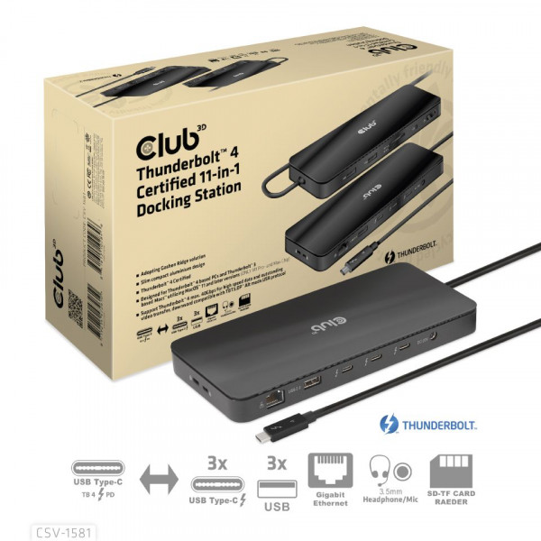 Club 3D Estación de acoplamiento 11 en 1 con certificación Thunderbolt 4, negro