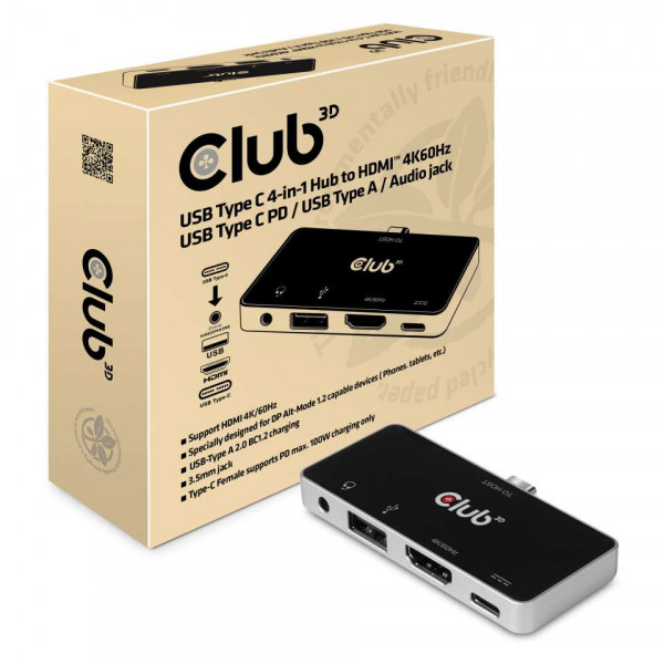 Club 3D Hub USB tipo C 4en1 a HDMI ™ 4K60Hz USB tipo C PD / USB tipo A / conector de audio