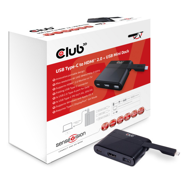 Club 3D USB Tipo-C to HDMI™ 2.0 + USB 2.0 + USB Tipo-C Cargar Mini Dock