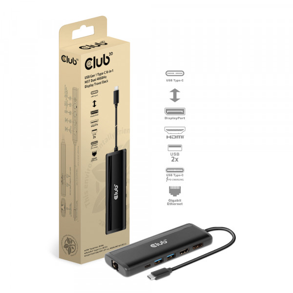 Club 3D Docking station USB Gen 1 Tipo-C 8 en 1 MST Pantalla Dual 4K60Hz, negro