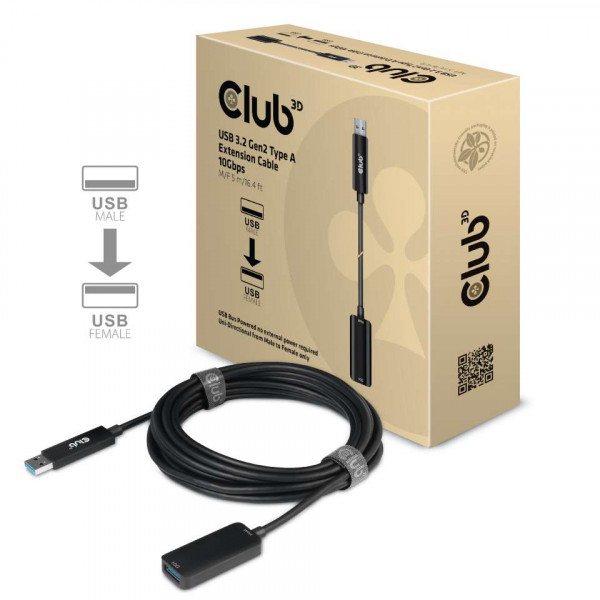 Club 3D Cable de extensión USB 3.2 Gen2 Tipo A 10Gbps M/F 5m