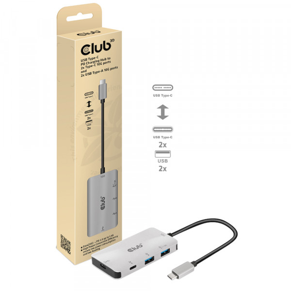 Club 3D Hub de carga USB Gen2 tipo C PD a 2 puertos tipo C 10G y 2 puertos USB tipo A 10G