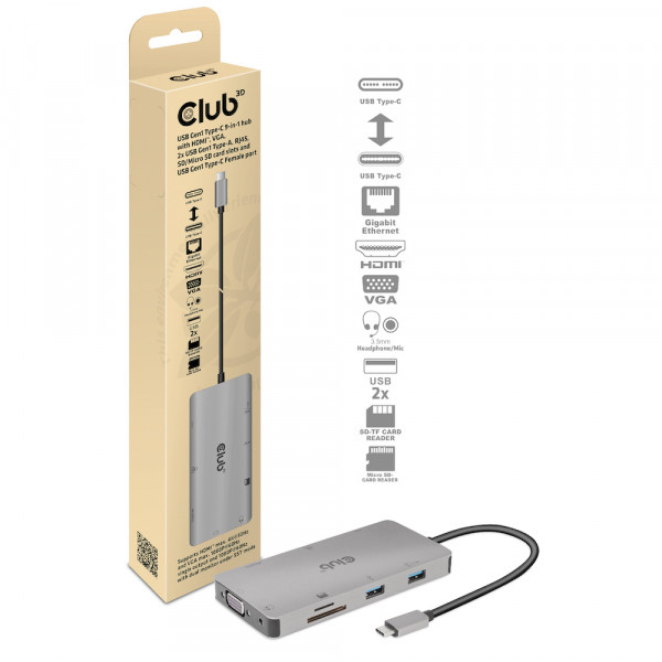 Club 3D Hub 9en1 USB Gen1 Tipo-C con HDMI, VGA, 2x USB Gen1 Type-A, RJ45