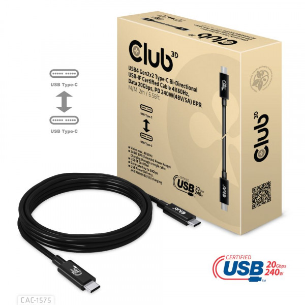 Club 3D Cable certificado USB4 Gen2x2 Tipo-C Bidireccional USB-IF 4K60Hz, 2m