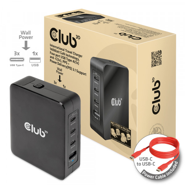 Club 3D Cargador de viaje USB-C de 140 W con tecnología GaN