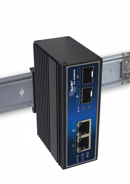 ALLNET switch unmanaged industrial 4-port Gigabit 180W / 2x PoE bt / 2x SFP / fanless / DIN / IP40 /