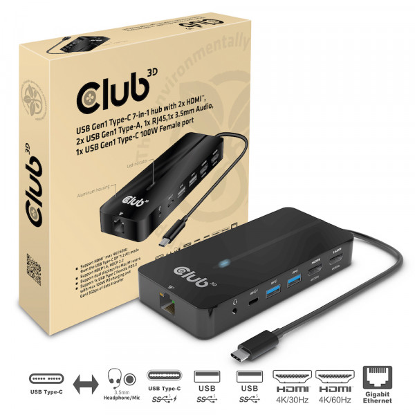 Club 3D Hub USB Gen1 Tipo-C 7en1 con 2x HDMI, 2x USB Gen1 Tipo-A, 1x RJ45