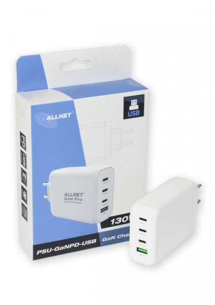 ALLNET Fuente de alimentación GaN QC USB-C PD 130W 1x USB Tipo-A / 3x USB Tipo-C