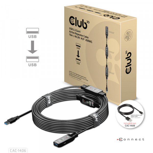 Club 3D Cable repetidor activo USB 3.2 Gen1 de 15 m M/H 28AWG