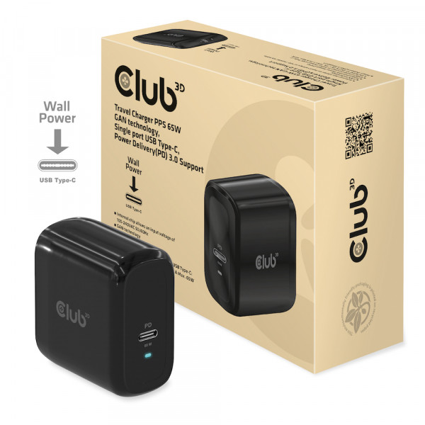 Club 3D Cargador de viaje PPS de 65W, 1x USB-C