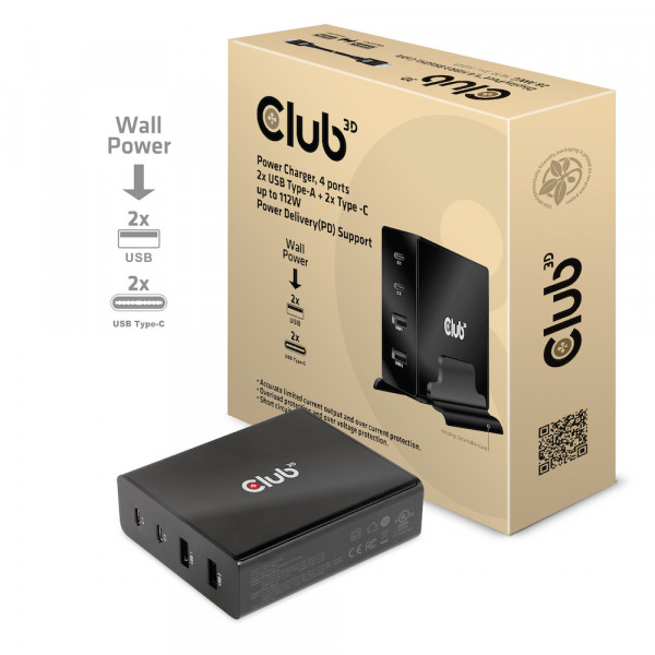 Club 3D Cargador de energía, 4 puertos, 2x USB Tipo-A 2x Tipo-C hasta 112W, Soporte de suministro de