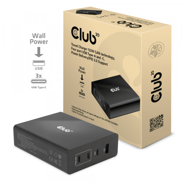 Club 3D Cargador de viaje con tecnología GAN de 132 W, cuatro puertos USB tipo A y C, soporte Power