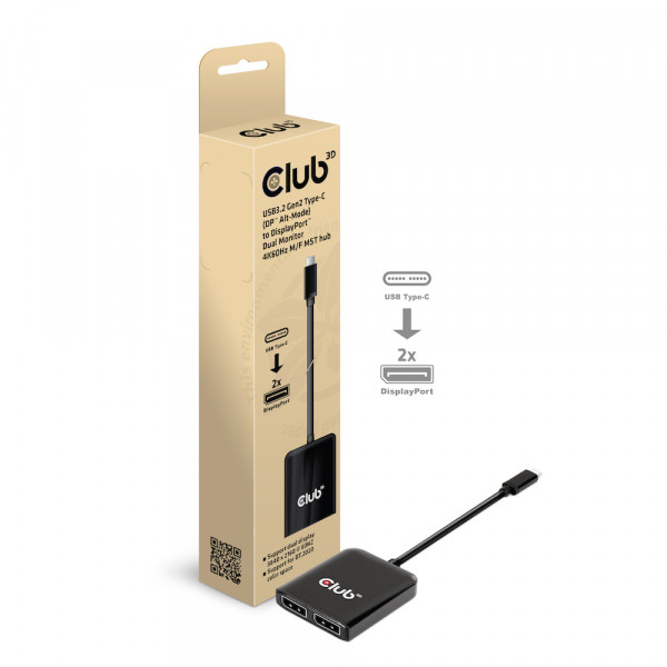 Club 3D USB3.2 Gen2 Tipo-C (DP Alt-Mode) a concentrador DisplayPort Dual Monitor 4K60Hz M/H MST