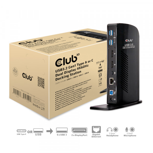 Club 3D Base de carga universal USB3.2 Gen1 Tipo-C triple 4K, negro