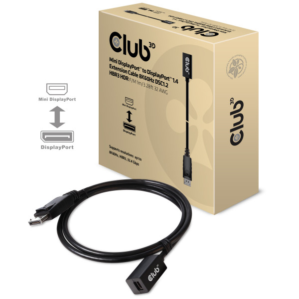 Club3D Cable de extensión Mini DisplayPort 1.4 a DisplayPort 8K60Hz DSC 1.2, 1m