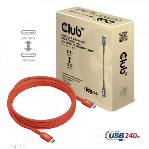 Club 3D Cable certificado USB2 tipo C bidireccional USB-IF Datos 480 Mb, 3 m