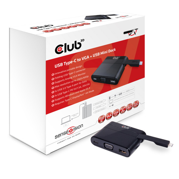 Club 3D USB Tipo-C a VGA + USB 3.0 + USB Tipe-C Cargar Mini Dock