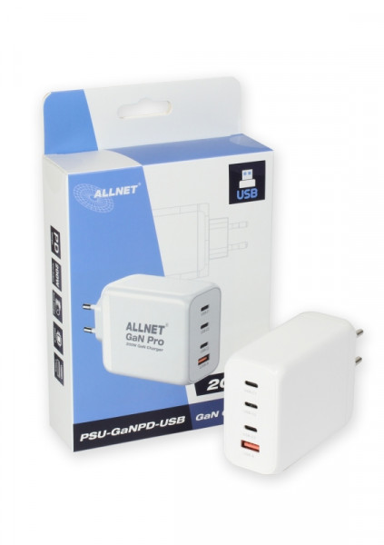 ALLNET Fuente de alimentación GaN QC USB-C PD 200W 1x USB Tipo-A / 3x USB Tipo-C