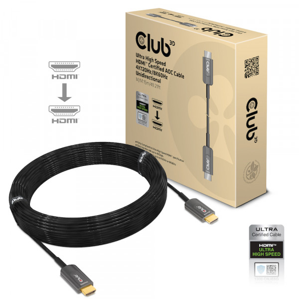 Club 3D Cable AOC con certificación HDMI™ Ultra High Speed 4K120Hz/8K60Hz Unidireccional M/M 15m