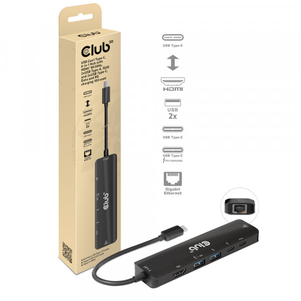 Club 3D USB Tipo-C 3.2 Gen1, concentrador 6 en 1 con HDMI 8K30Hz-4K120Hz, 2xUSB Tipo-A, RJ45 y 2xUSB