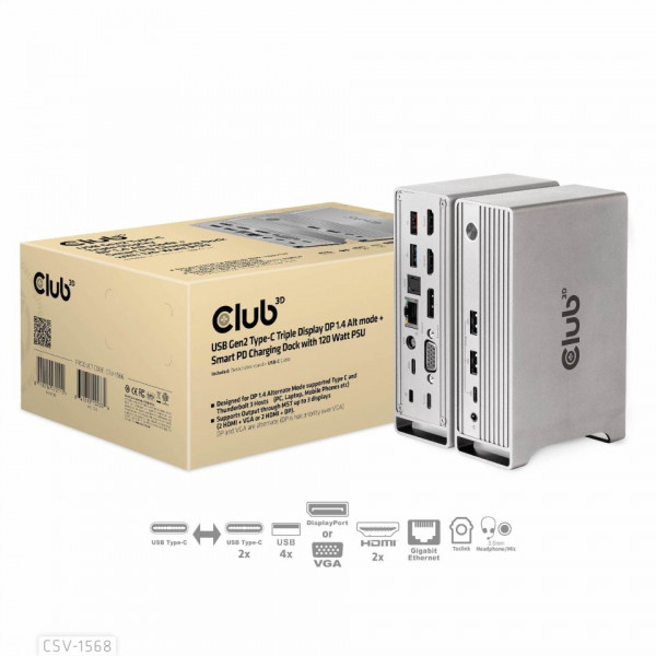 Club 3D USB Gen2 Type-C Triple pantalla DP™ 1.4 Modo alternativo con base de carga Smart PD de 120W